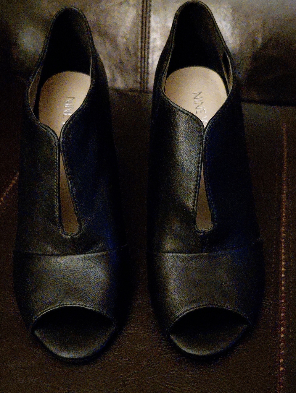 Nine West Black Leather Peep-Toe Slip-On Heels